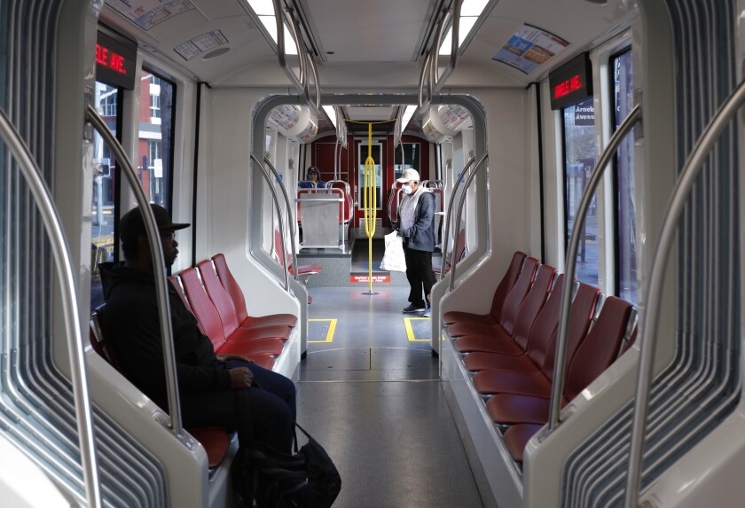 A near-empty trolly train prepares to depart from downtown San Diego on Wednesday. 