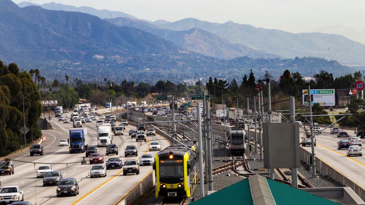 A Gold Line train pulls into the Sierra Madre Villa station in Pasadena after a trip on the 11.5-mile Foothill Extension, which opened in March.