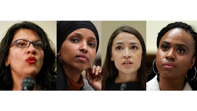 Reps. Rashida Tlaib (D-Mich.), from left, Ilhan Omar (D-Minn.), Alexandria Ocasio-Cortez (D-N.Y.) and Ayanna Pressley (D-Mass.). President Trump said they should "go back" to their home countries. Three of the four were born in the United States.
