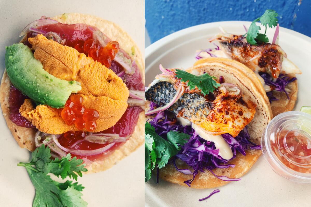 The premium tostada with albacore, uni and ikura, left, and the dry-aged fish taco at Anajak Thai.