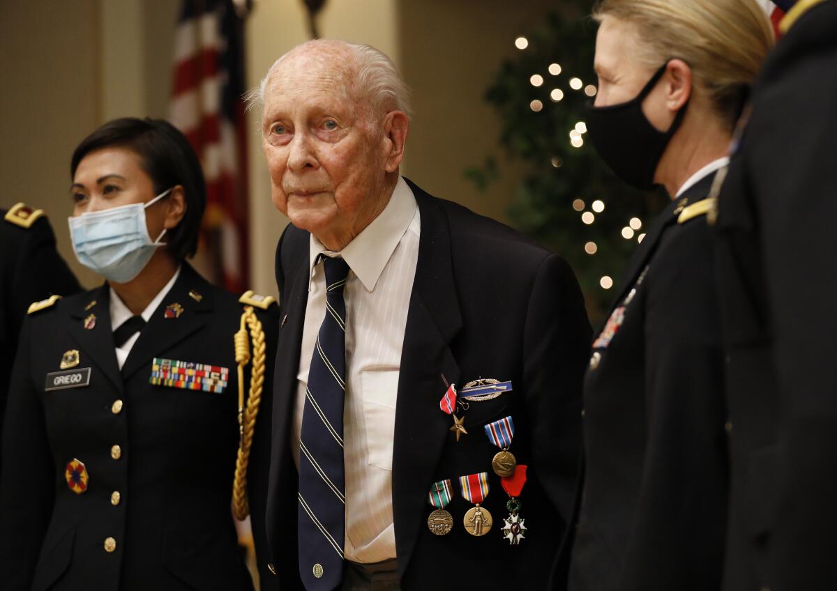 World War II veteran Eldon L. Knuth, 95, after a ceremony were he was awarded the Bronze Star
