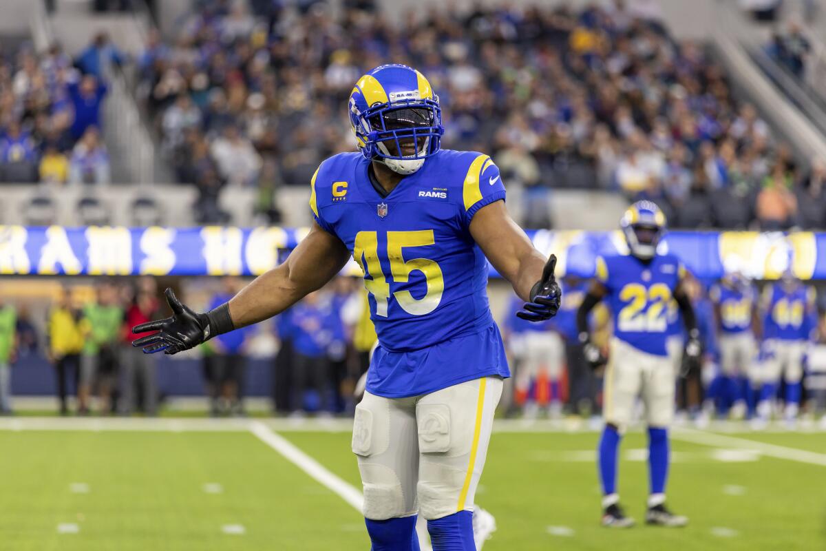 Rams linebacker Bobby Wagner questions a call while playing against the Seahawks on Dec. 4.