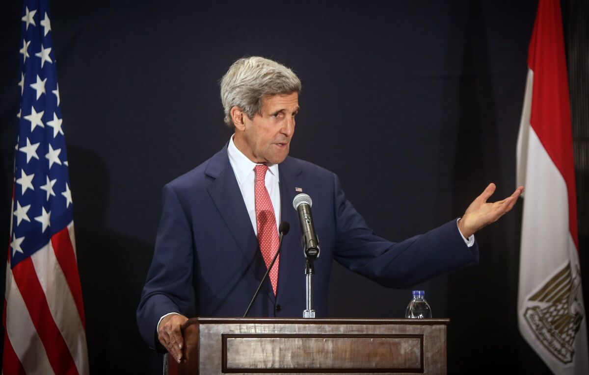 U.S. Secretary of State John F. Kerry speaks during a news conference in Cairo on Saturday.