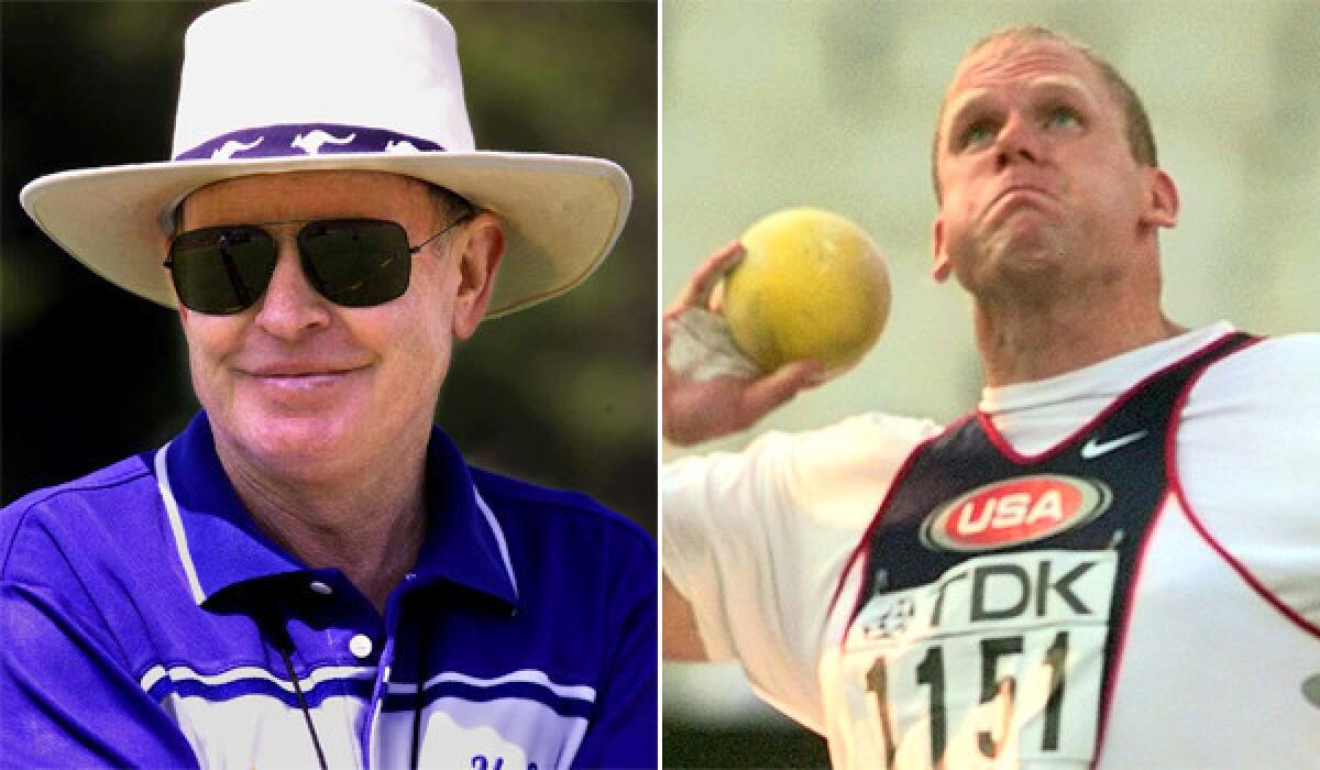 UCLA Track and Field Coach Bob Larsen, left, who led his men's team to two NCAA outdoor titles and former Bruins shot-putter John Godina, a two-time Olympic medalist and three-time world champion, will be inducted into the National Track & Field Hall of Fame.