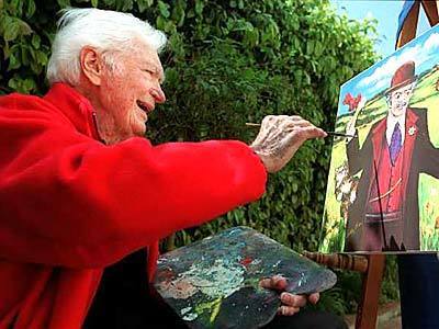 Buddy Ebsen touches up one of his rustic paintings "Uncle Jed' s Sunday" at his Palos Verdes home in 2001.