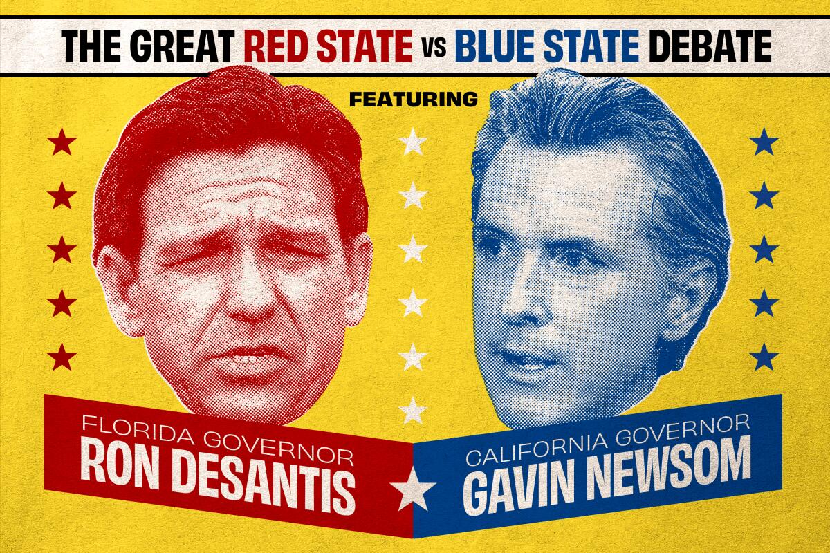 photo illustration of Ron Desantis and Gavin Newsom in red and blue