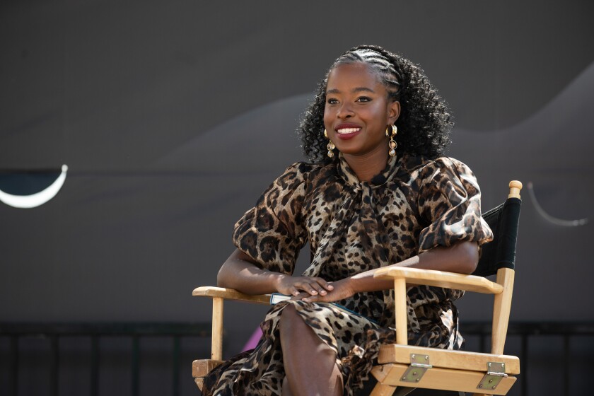 Amanda Gorman, the first National Youth Poet Laureate, speaks during the The Los Angeles Times Festival of Books at USC on Saturday, April 23, 2022. ( Photo by Nick Agro / For The Times )