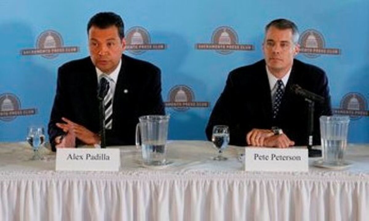 Sen. Alex Padilla, left, and Pete Peterson agree on key problems plaguing the office of the secretary of state, but the candidates disagree on the solutions.