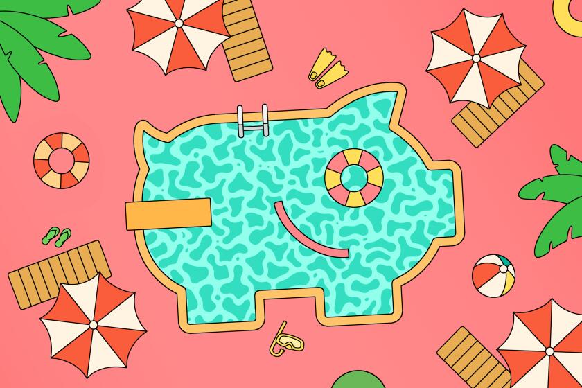 An illustration of a swimming pool shaped like a piggy bank.