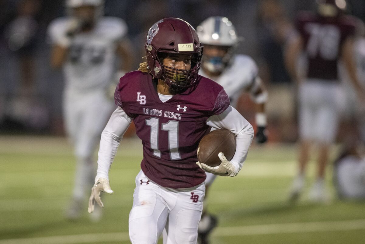 Laguna Beach's Jackson Rodriguez, seen against Northwood on Sept. 2, had 114 receiving yards and three touchdowns..
