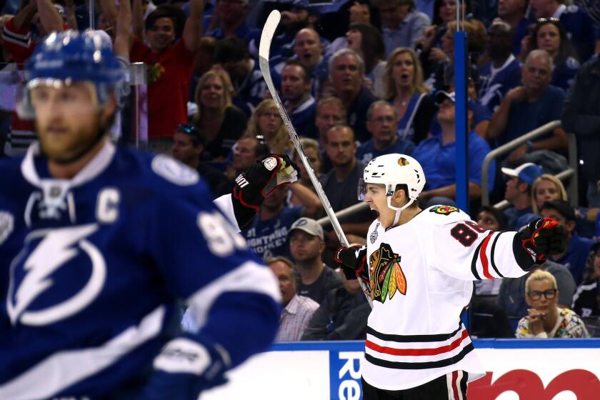 Blackhawks center Teuvo Teravainen celebrates his third period goal against the Lightning in Game 1 of the Stanley Cup Finals.