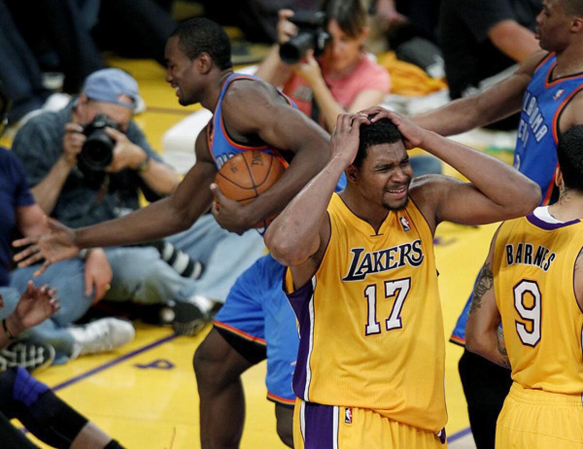 Andrew Bynum reacts to a foul call in the second half of Game 4.