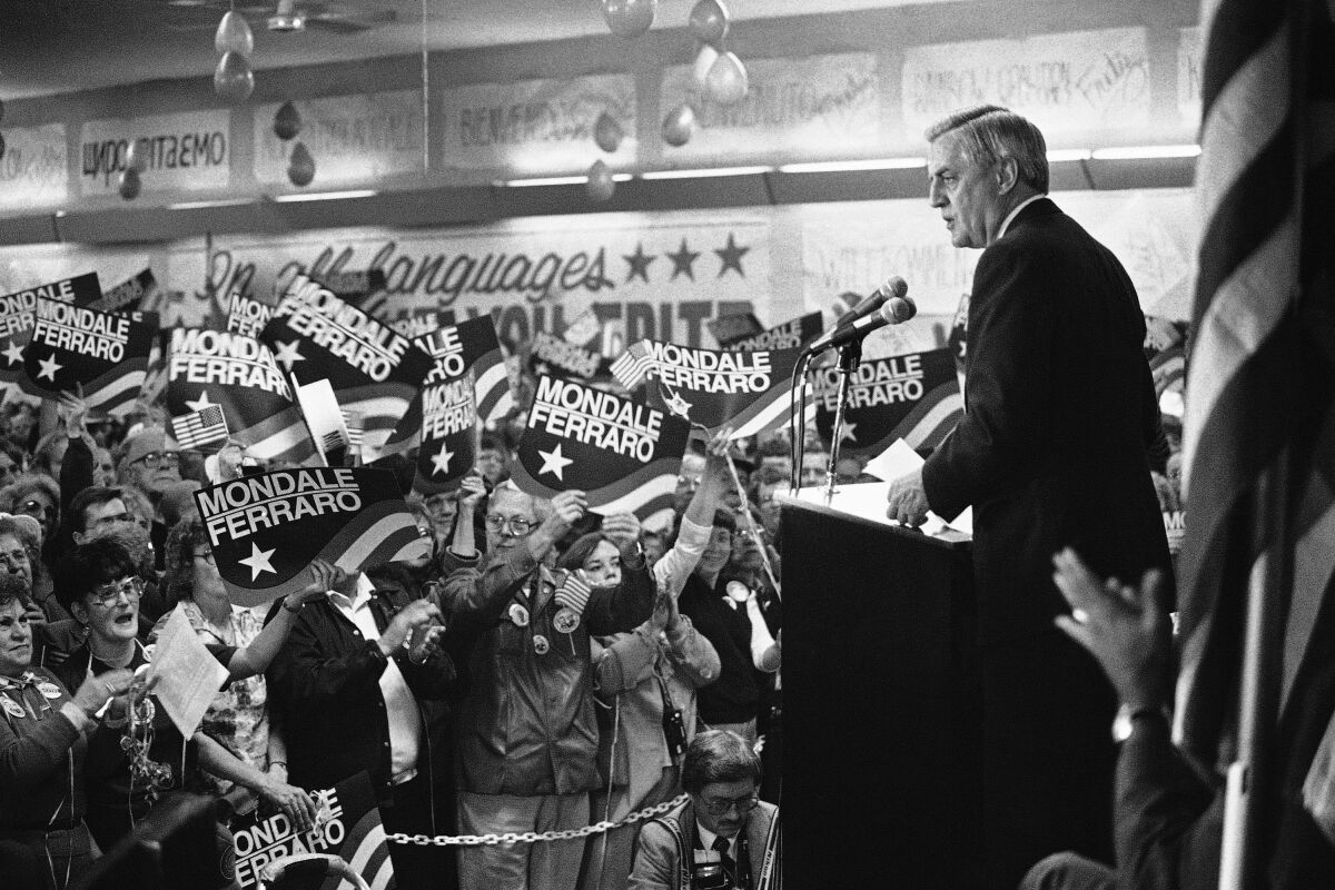 Democratic presidential candidate Walter Mondale delivers a campaign address