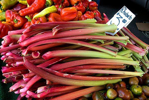 Rhubarb grown by Mario Trevino in Lompoc, Calif., is for sale at the Santa Monica Farmers Market.