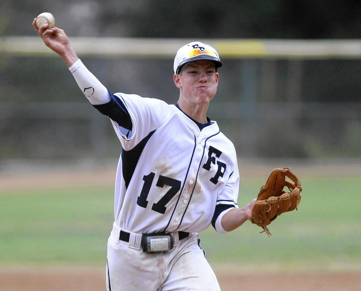 Flintridge Prep's #17 Hamilton Evans throws to first base during Prep home game vs. New Community Jewish High School at Glendale Sports Complex in Glendale on Thursday, May 22, 2014.