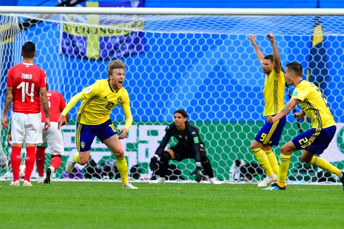 Sweden's Emil Forsberg (10) celebrates after scoring a goal against Switzerland.