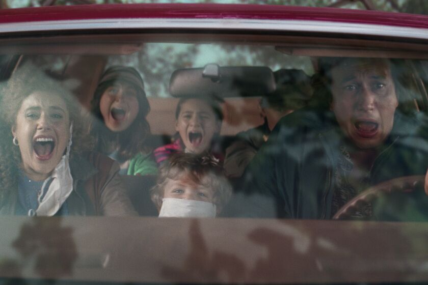 WHITE NOISE - (Front L-R) Greta Gerwig as Babette, Dean Moore/Henry Moore as Wilder and Adam Driver as Jack (Back L-R) Raffey Cassidy as Denise, May Nivola as Steffie and Sam Nivola as Heinrich in White Noise. Cr. /Netflix © 2022