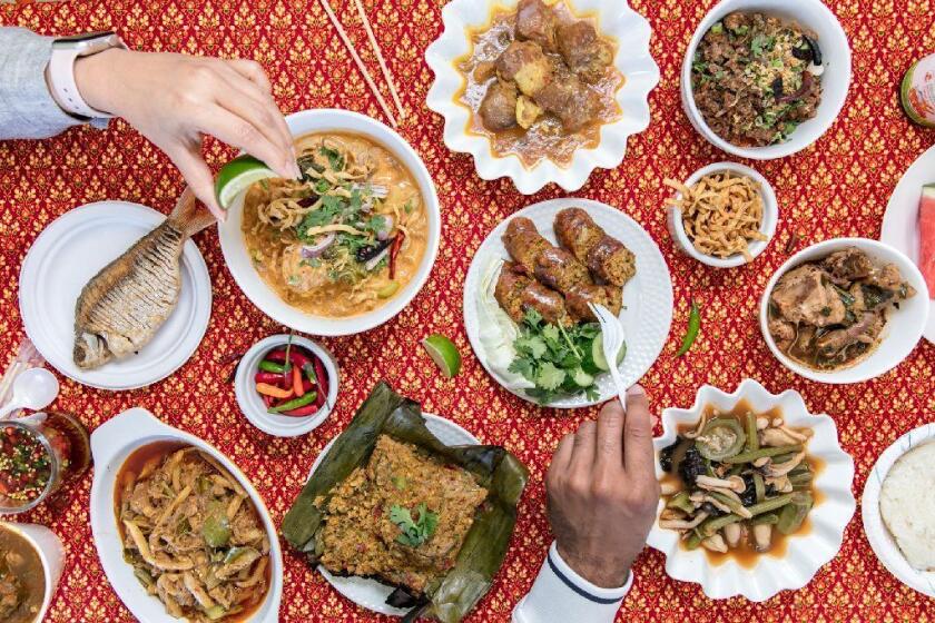 LOS ANGELES, CALIFORNIA - May 16, 2019: A spread of dishes from the steam table at Northern Thai Food on Thursday, May 16, 2019, at the small strip-mall restaurant in Hollywood. (Photo / Silvia Razgova) 3079703_la-fo-northern-thai-food-review-bill-addison