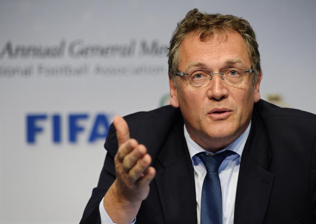 Jerome Valcke attends a news conference in Zurich, Switzerland, on March 1, 2014.