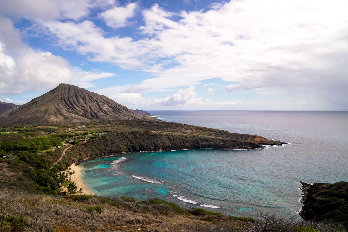 A view of Hanauma Bay with Koko Head in the background from a hiking trail overlooking the popular Nature Preserve.