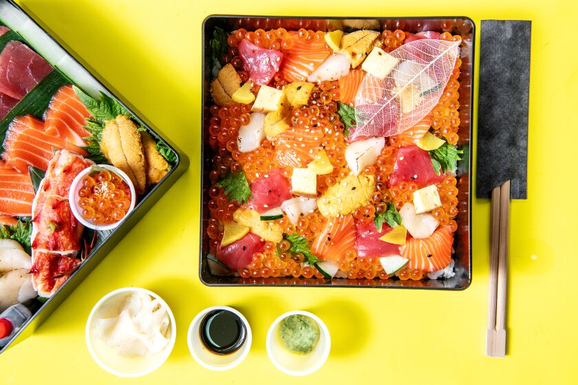 LOS ANGELES, CA - JULY 09: Bento box (2-layer) from Kinkan on Thursday, July 9, 2020 in Los Angeles, CA. In the wake of the Coronavirus pandemic, Nan Yimcharoen has begun a new takeout business out of her residence, 'Kinkan', offering a variety of dishes for pickup or delivery. (Mariah Tauger / Los Angeles Times)