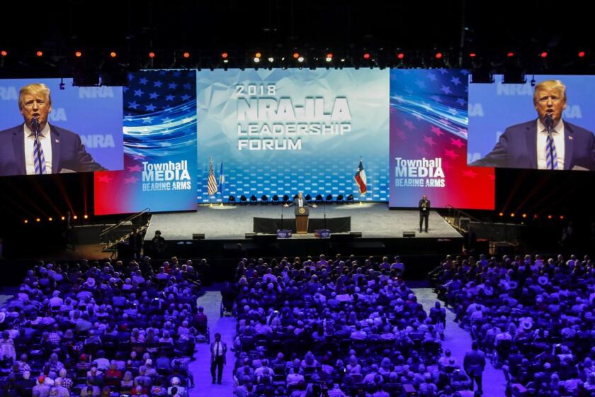 DALLAS,TX --FRIDAY, MAY 04, 2018--U.S. President Donald J. Trump speaks at the NRA-ILA Leadership Forum, during the 2018 NRA Annual Meetings & Exhibits, at the Kay Bailey Hutchison Convention Center Arena, in downtown Dallas, TX, May 04, 2018. (Jay L. Clendenin / Los Angeles Times)