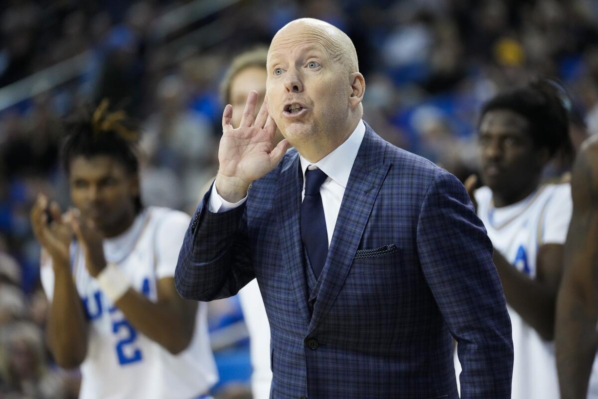 UCLA coach Mick Cronin instructs his players during a win over Colorado on Saturday.