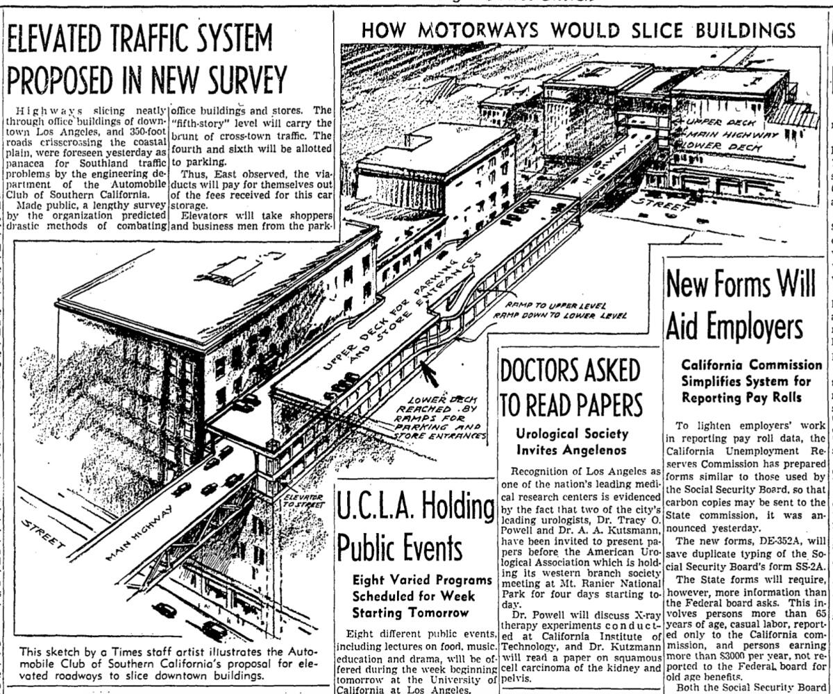 A drawing shows buildings with adjacent freeway lanes and parking. 