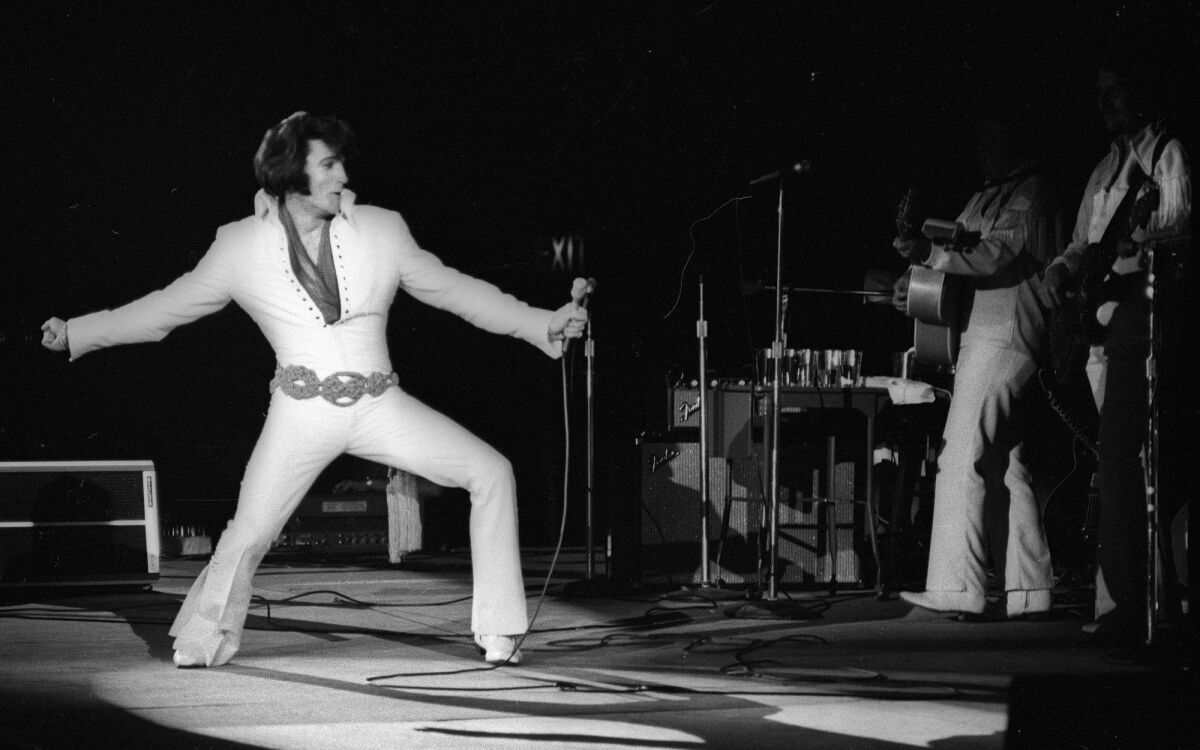Elvis Presley in concert at the Forum in Inglewood in 1970.