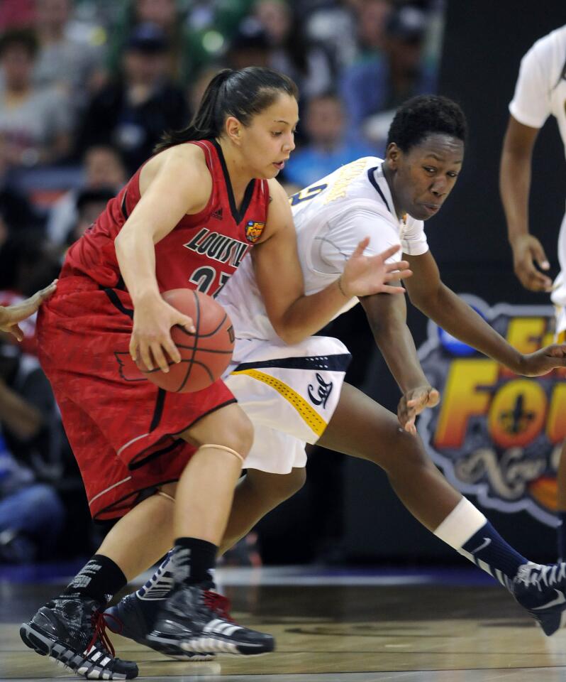 California's Afure Jemerigbe (2) defends Louisville's Shoni Schimmel (23) in their semi-final game at the NCAA women's Final Four in New Orleans. Louisville won, 64-57 to advance to the championship game against UConn. CLOE POISSON|cpoisson@courant.com ORG XMIT: B582831031Z.1