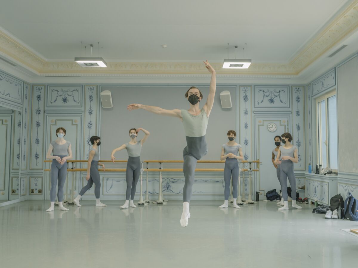 A group of male ballet students in shades of gray stand in an ornate blue room as one leaps into the air.