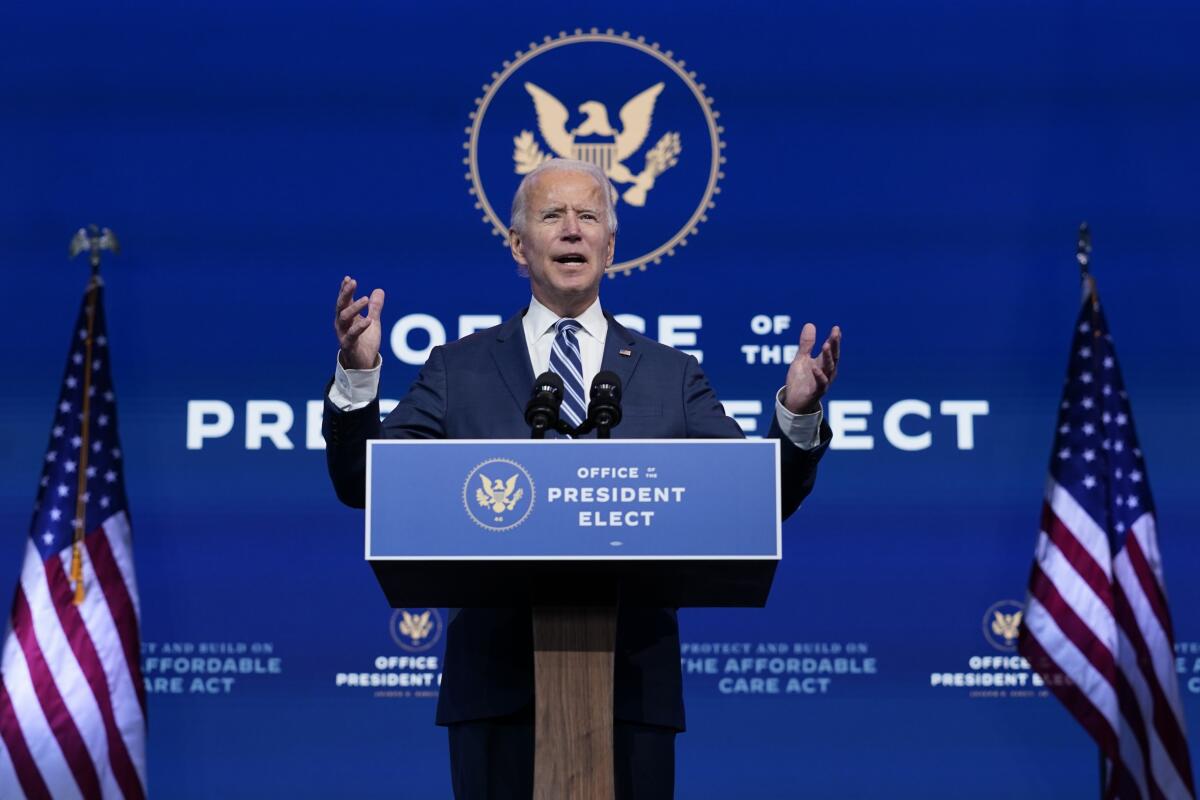 Joe Biden speaks as president-elect from Wilmington, Del., a week after November's election.