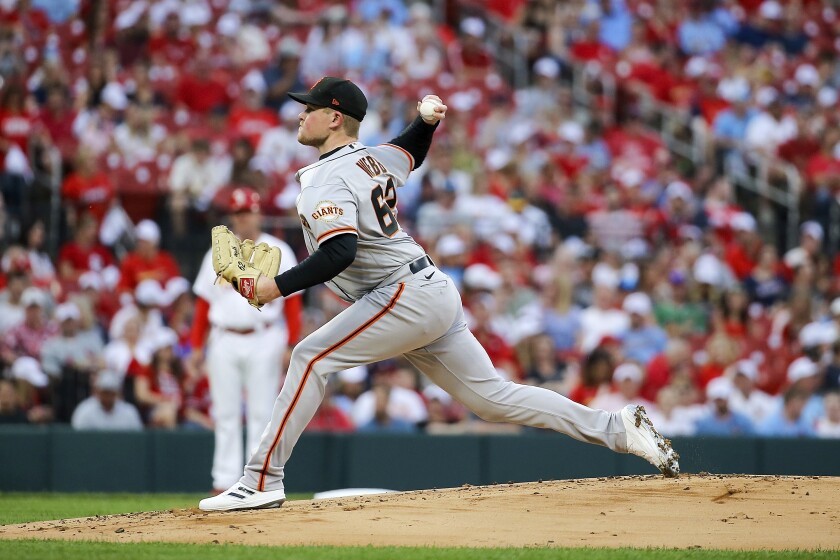 San Francisco Giants starting pitcher Logan Webb (62) throws during the first inning of a baseball game against the St. Louis Cardinals, Friday, May 13, 2022, in St. Louis. (AP Photo/Scott Kane)
