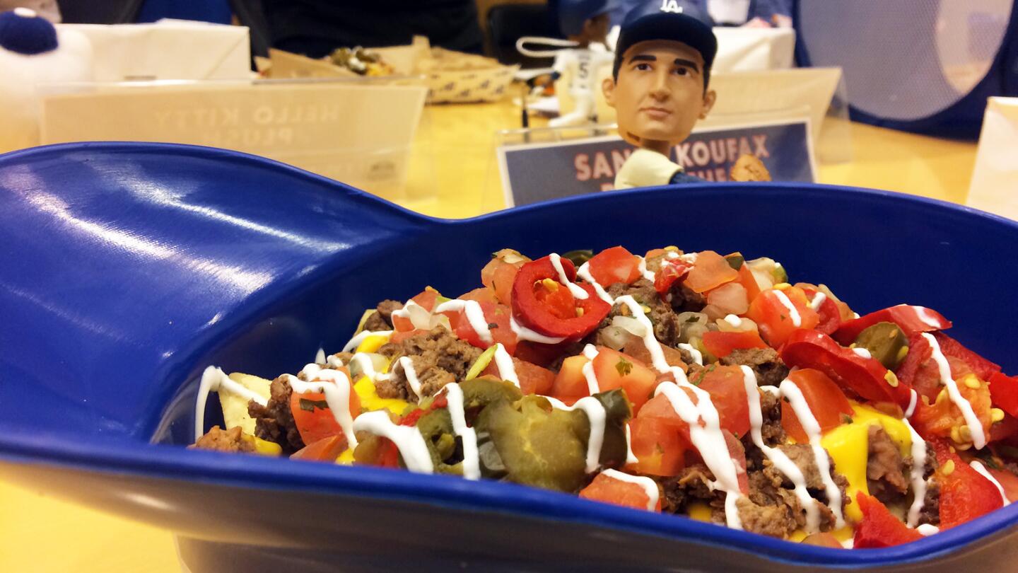 A helmet full of nachos at Dodger Stadium. You can request vegan cheese.