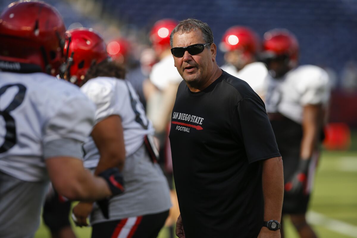 San Diego State football coach Brady Hoke leads the Aztecs into a 2020 season that has been abbreviated to eight games.
