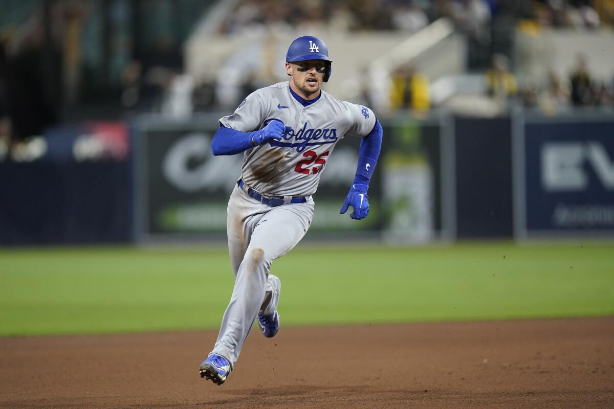 Trayce Thompson runs the bases during the fourth inning of Game 3.