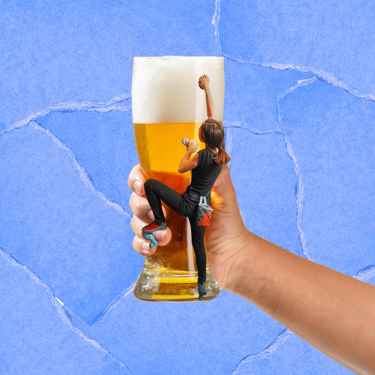 An illustration of a hand holding a glass of beer with a miniature climber bouldering the side of the glass.