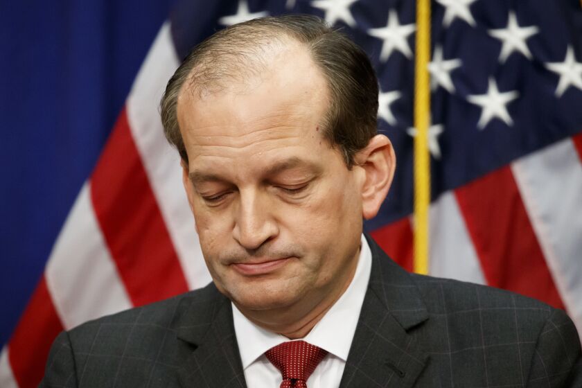 Labor Secretary Alex Acosta pauses while speaking during a news conference at the Department of Labor, Wednesday, July 10, 2019, in Washington. (AP Photo/Alex Brandon)