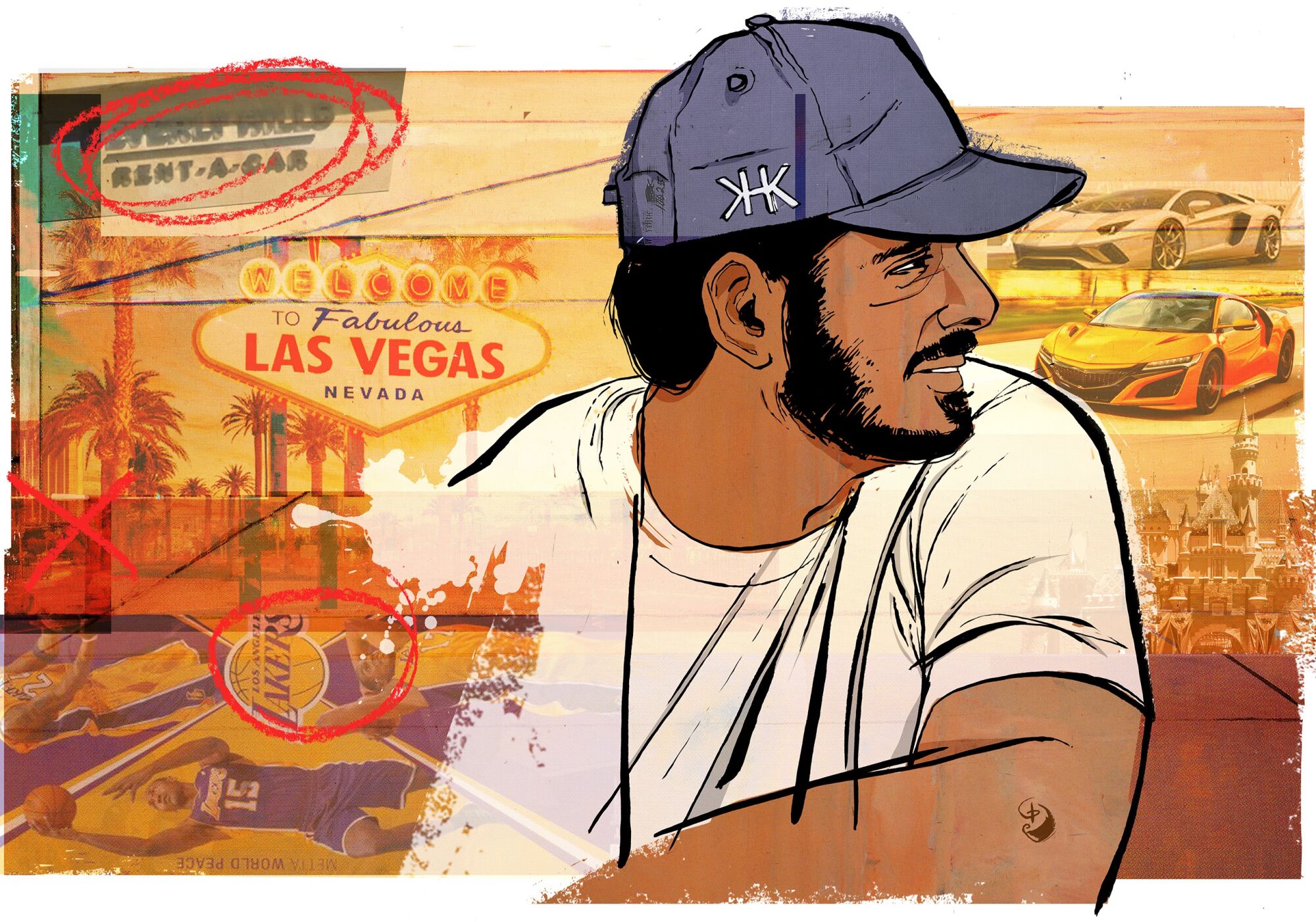 Illustration of Al Thani in a t-shirt and personalized ball cap, with scenes of Las Vegas, fast cars and sports events.