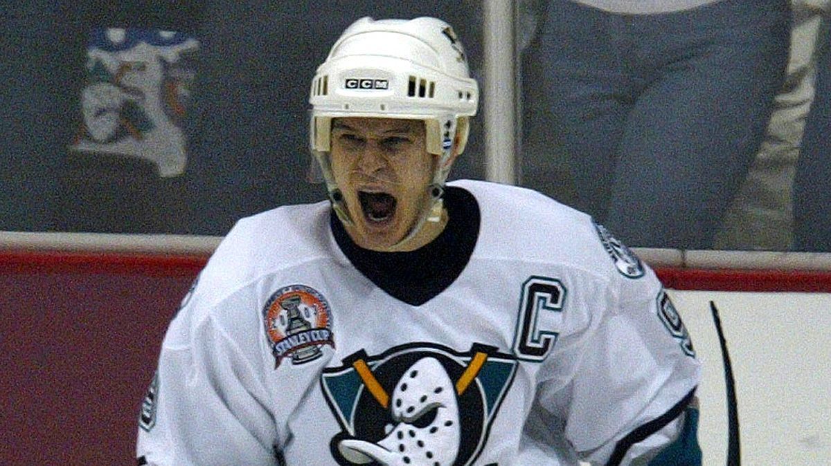 The Mighty Ducks' Paul Kariya celebrates a goal against the New Jersey Devils during Game 6 of the Stanley Cup Finals on June 7, 2003.