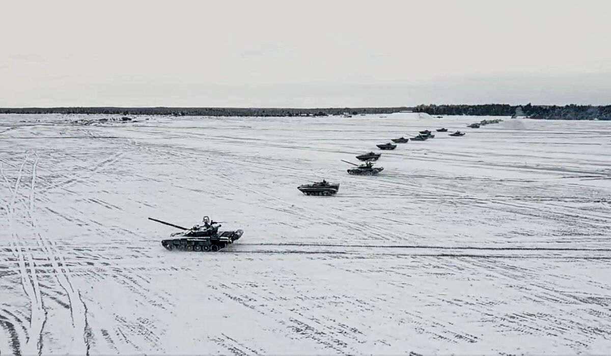 Tanks and armored vehicles move during a Russian-Belarusian joint military drill this month.