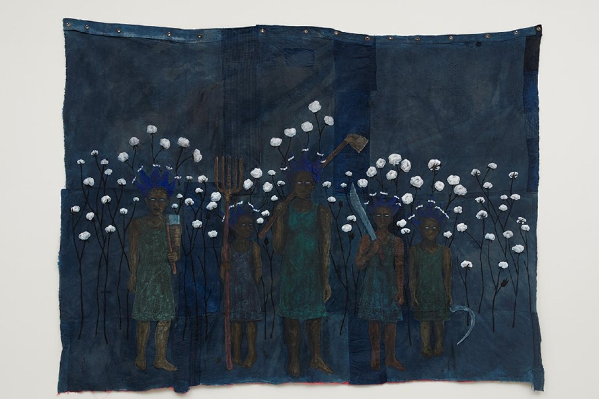 A painting on seed sack shows a group of Black female figures emerging from a cotton field in dim light.