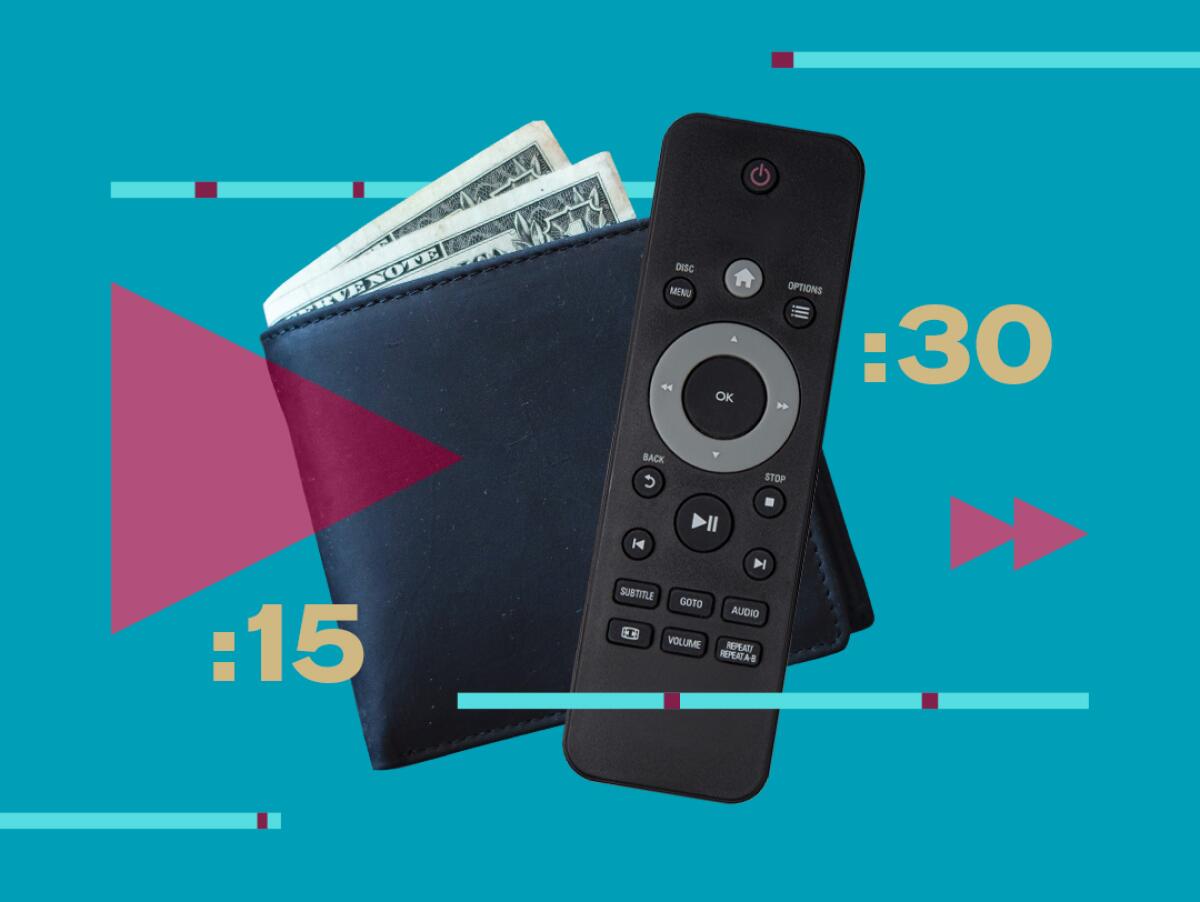 a tv remote and a wallet with dollar bills peeking out, overlaid with play button and progress bar graphics