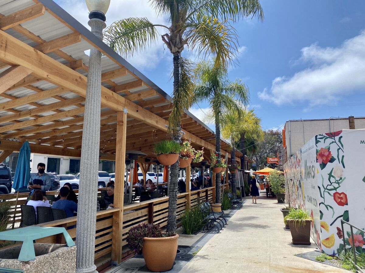 Puesto restaurant's outdoor dining structure along Wall Street in La Jolla