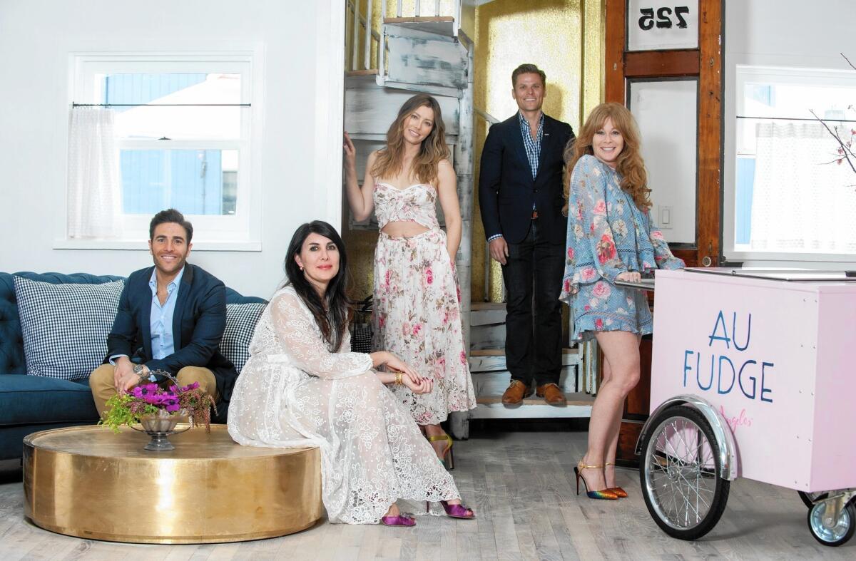 Au Fudge partners Joey Gonzalez, from left, Estee Stanley, Jessica Biel, Jonathan Rollo and Kimberly Muller in West Hollywood.