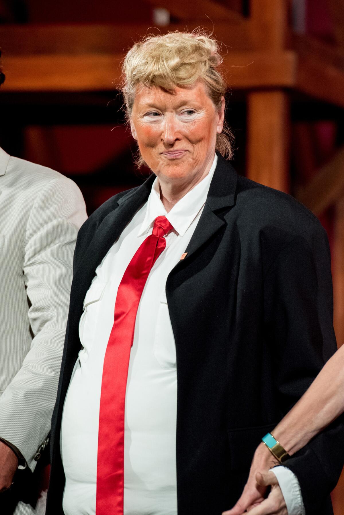 Meryl Streep dressed as Donald Trump on Monday for the annual Public Theater gala at the Delacorte Theater in New York.