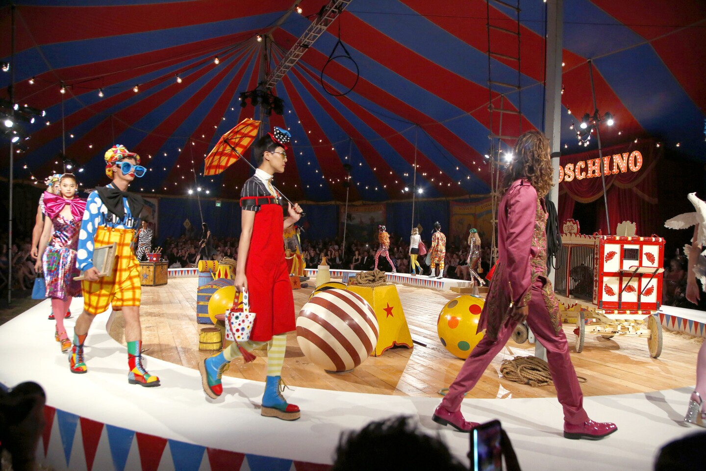 The finale of Moschino's circus-themed runway show presented on June 8, 2018, at the L.A. Equestrian Center in Burbank, the third time creative director Jeremy Scott has presented the collections together in Southern California.