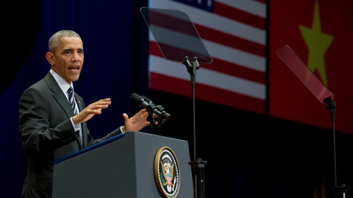 President Obama speaks at the National Convention Center in Hanoi, Vietnam.