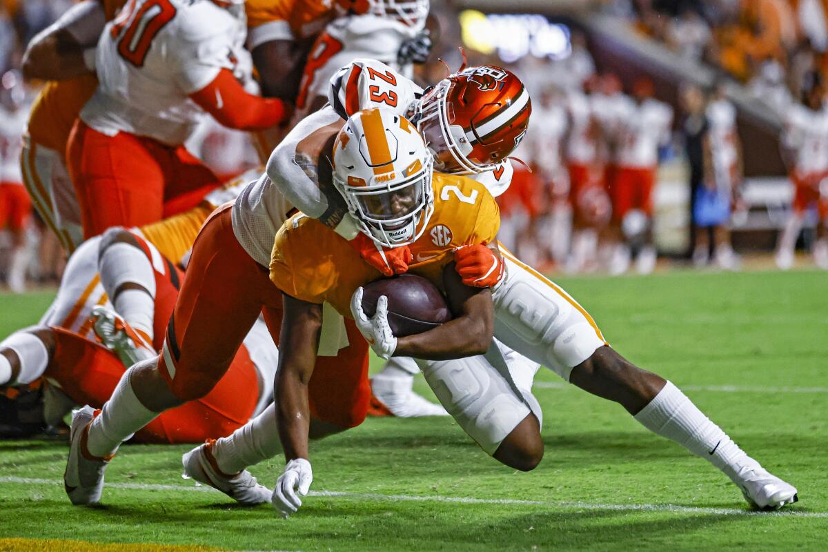 Tennessee running back Jabari Small dives across the goal line for a touchdown.