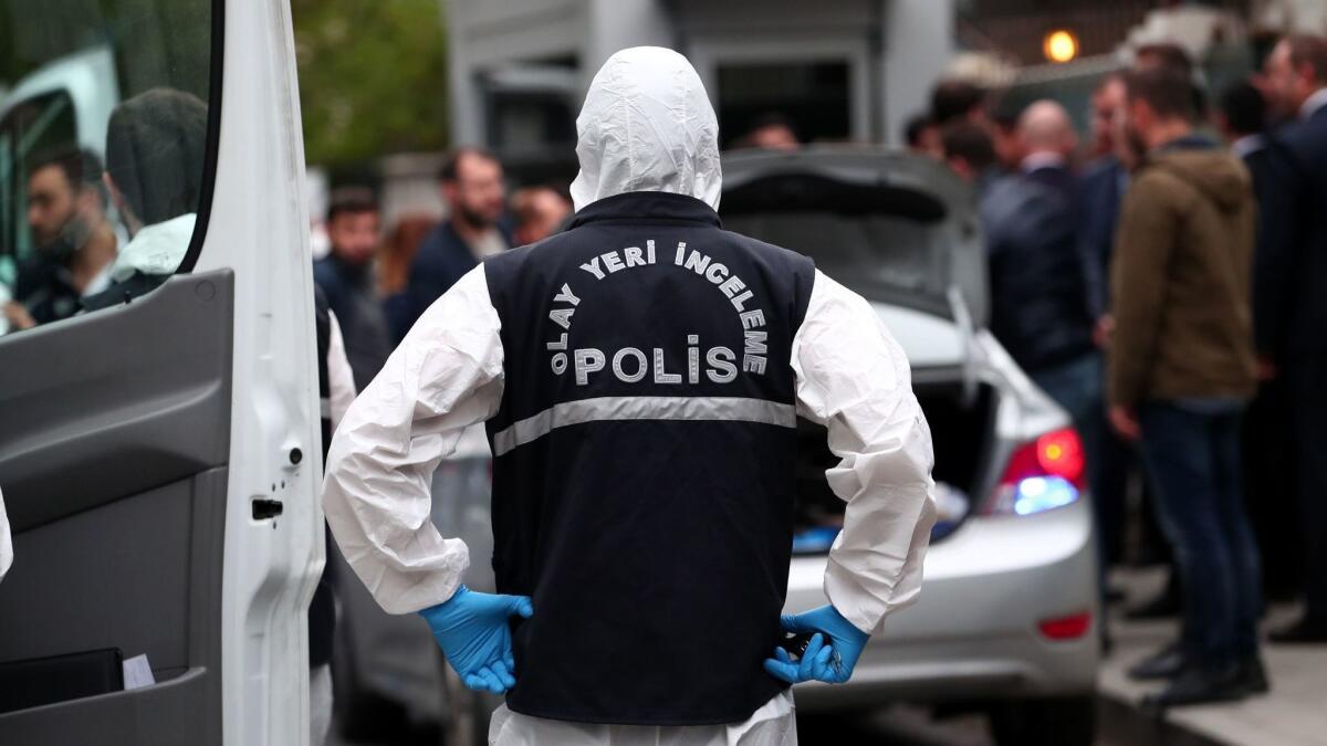 Turkish forensic police officers arrive Oct. 17 at the residence of the Saudi consul in Istanbul, Turkey.